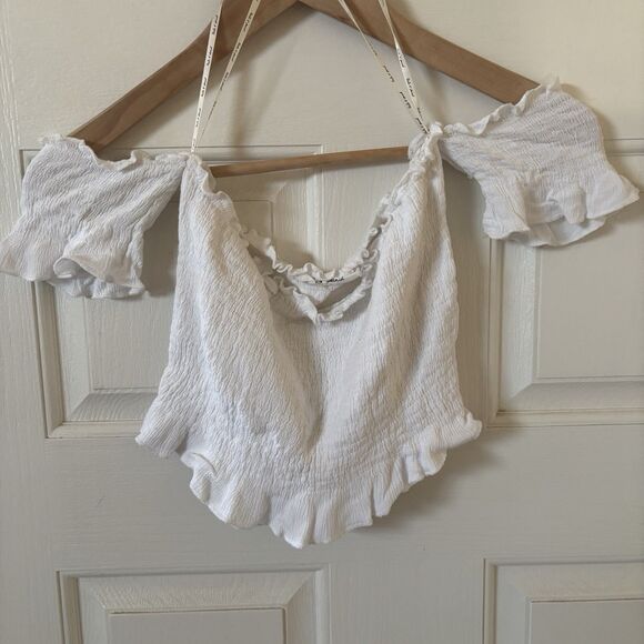White Ruffled Off-Shoulder Crop Top - Picture 2 of 10